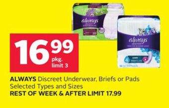 Rexall Always discreet underwear, briefs or pads offer