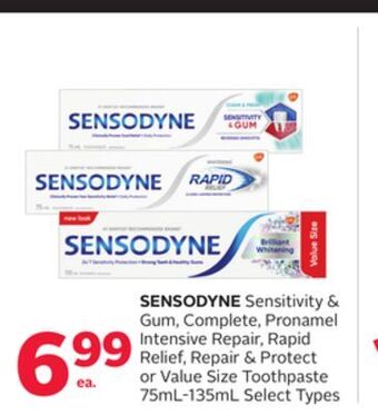 Rexall Sensodyne sensitivity & gum, complete, pronamel intensive repair, rapid relief, repair & protect or value size toothpaste offer