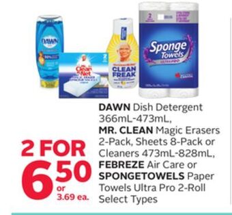 Rexall Dawn dish detergent 366ml-473ml, mr. clean magic erasers 2-pack, sheets 8-pack or cleaners 473ml-828ml, febreze air care or s offer