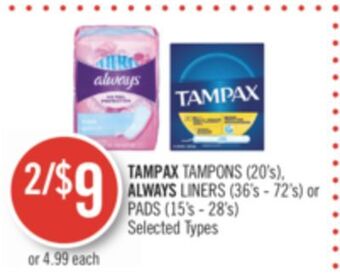 Shoppers Drug Mart Tampax tampons (20's), always liners (36's - 72's) or pads (15's - 28's) offer