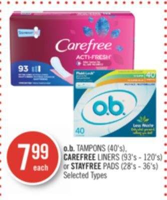 Shoppers Drug Mart O.b. tampons (40's), carefree liners (93's - 120's) or stayfree pads (28's - 36's) offer