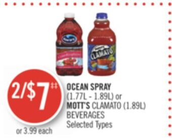 Shoppers Drug Mart Ocean spray (1.77l - 1.89l) or mott's clamato (1.89l) beverages offer