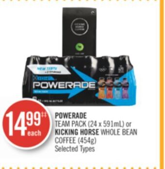 Shoppers Drug Mart Powerade team pack (24 x 591ml) or kicking horse whole bean coffee (454g) offer