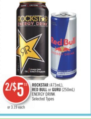 Shoppers Drug Mart Rockstar (473ml), red bull or guru (250ml) energy drink offer
