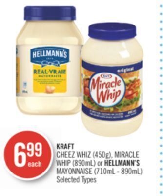 Shoppers Drug Mart Kraft cheez whiz (450g), miracle whip (890ml) or hellmann's mayonnaise (710ml - 890ml) offer