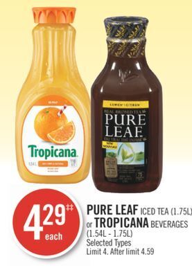 Shoppers Drug Mart Pure leaf iced tea (1.75l) or tropicana beverages (1.54l - 1.75l) offer