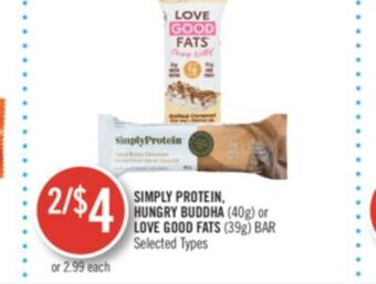 Shoppers Drug Mart Simply protein, hungry buddha (40g) or love good fats (39g) bar offer