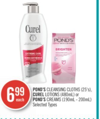 Shoppers Drug Mart Pond's cleansing cloths (25's), curel lotions (480ml) or pond's creams (190ml - 200ml) offer