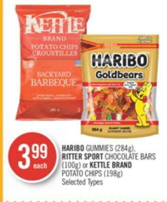 Shoppers Drug Mart Haribo gummies (284g), ritter sport chocolate bars (100g) or kettle brand potato chips (198g) offer