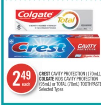 Shoppers Drug Mart Crest cavity protection (170ml), colgate kids cavity protection (95ml) or total (70ml) toothpaste offer