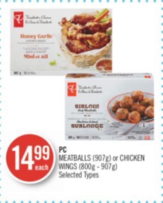 Shoppers Drug Mart Pc meatballs (907g) or chicken wings (800g - 907g) offer