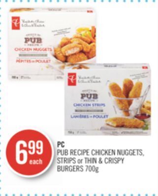 Shoppers Drug Mart Pc pub recipe chicken nuggets, strips or thin & crispy burgers offer