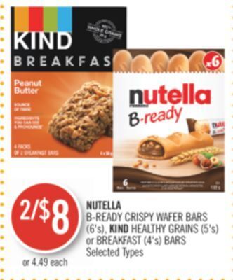 Shoppers Drug Mart Nutella b-ready crispy wafer bars (6's), kind healthy grains (5's) or breakfast (4's) bars offer