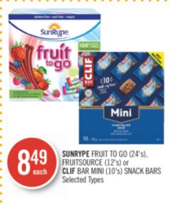 Shoppers Drug Mart Sunrype fruit to go (24's), fruitsource (12's) or clif bar mini (10's) snack bars offer