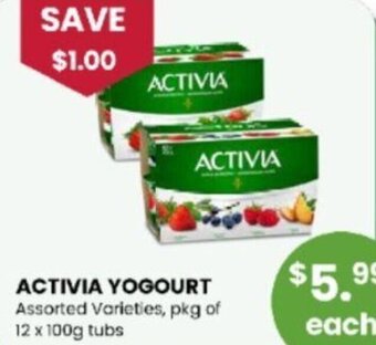 Coppa's Fresh Market ACTIVIA YOGOURT Assorted Varieties, pkg of 12 x 100g tubs offer