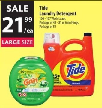 Co-op Tide Laundry Detergent 100-107 Wash Loads Package of 48-81 or Gain Flings Package of 81 offer