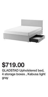 IKEA Gladstad upholstered bed, 4 storage boxes , kabusa light gray offer