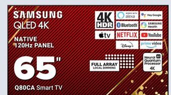 Visions Electronics Samsung qled 4k native 120hz panel q80ca smart tv 65 offer