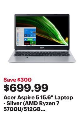 Best Buy Acer aspire 5 15.6 laptop - silver (amd ryzen 7 5700u/512gb ssd/16gb ram/windows 11) offer
