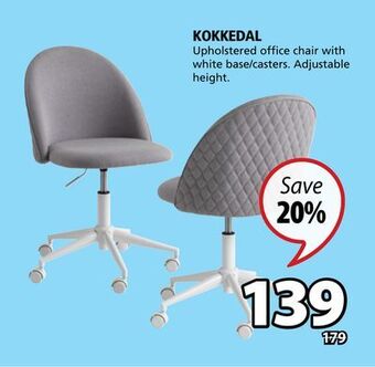 JYSK Kokkedal upholstered office chair with white base/casters offer