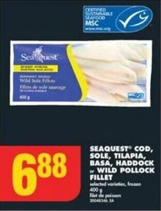 No Frills SEAQUEST COD, SOLE, TILAPIA, BASA, HADDOCK or WILD POLLOCK FILLET offer