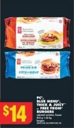 No Frills PC, BLUE MENU, THICK & JUICY FREE FROM BURGERS offer