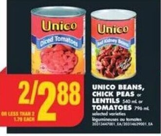 No Frills UNICO BEANS, CHICK PEAS or LENTILS or TOMATOES offer
