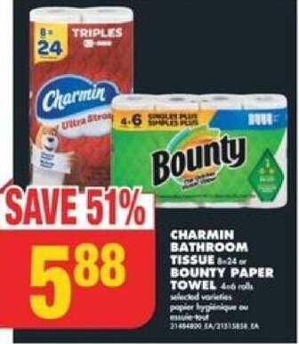 No Frills CHARMIN BATHROOM TISSUE or BOUNTY PAPER TOWEL offer