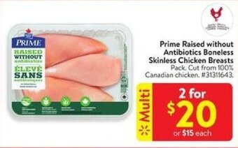 Walmart Prime Raised without Antibiotics Boneless Skinless Chicken Breasts offer