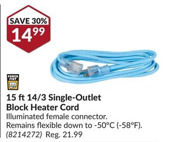 Princess Auto 15 ft 14/3 single-outlet block heater cord offer