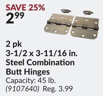 Princess Auto 2 pk 3-1/2 x 3-11/16 in. steel combination butt hinges offer