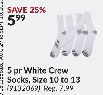 Princess Auto 5 pr white crew socks, size 10 to 13 offer