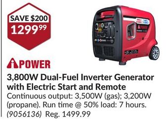 Princess Auto 3,800w dual-fuel inverter generator with electric start and remote offer