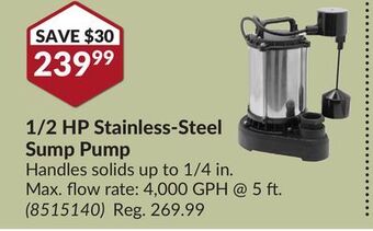 Princess Auto 1/2 hp stainless-steel sump pump offer
