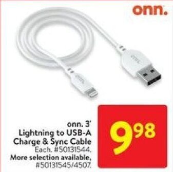 Walmart onn. 3' Lightning to USB-A Charge & Sync Cable offer