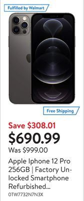 Walmart Apple iphone 12 pro 256gb | factory unlocked smartphone refurbished (grade a) offer