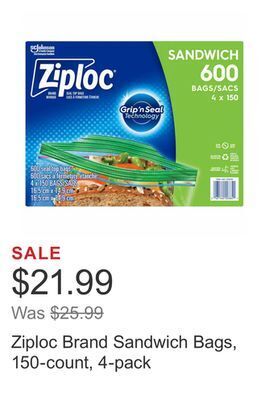 Costco Ziploc brand sandwich bags, 150-count, 4-pack offer