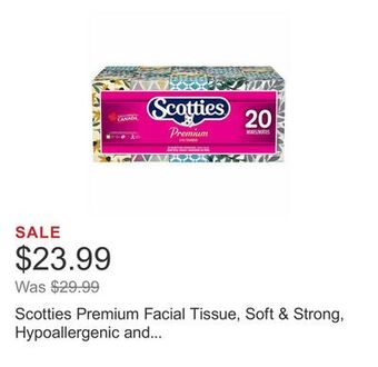 Costco Scotties premium facial tissue, soft & strong, hypoallergenic and dermatologist tested, 20-pack offer