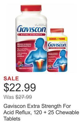 Costco Gaviscon extra strength for acid reflux, 120 + 25 chewable tablets offer