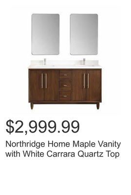 Costco Northridge home maple vanity with white carrara quartz top offer
