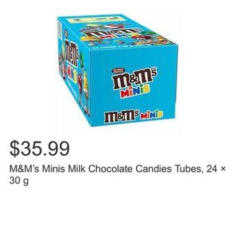 Costco M&m's minis milk chocolate candies tubes, 24 × 30 g offer