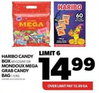 Real Canadian Superstore HARIBO CANDY BOX 60 COUNT OR MONDOUX MEGA GRAB CANDY BAG 1,5 KG offer
