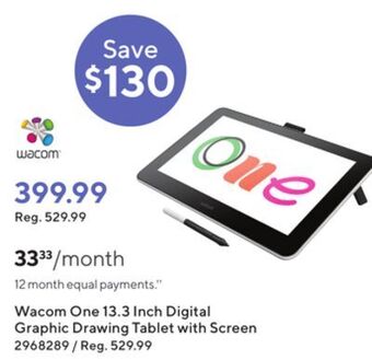 Staples Wacom one 13.3 inch digital graphic drawing tablet with screen offer