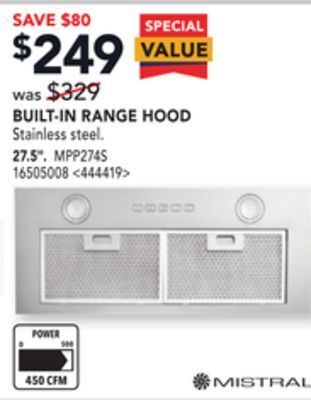 Lowe's Mistral built-in range hood 27.5 offer