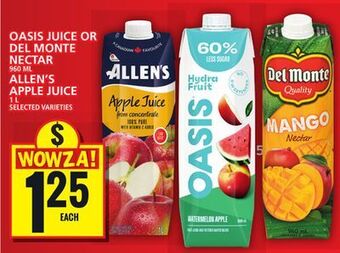 Food Basics Oasis juice or del monte nectar or allen's apple juice offer