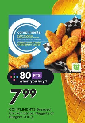 Sobeys Breaded chicken strips, nuggets or burgers offer