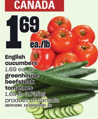Independent Grocer English cucumbers or greenhouse beefsteak tomatoes offer