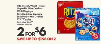 Longo's Ritz, triscuit, wheat thins or vegetable thins crackers 175-200g pkg or christie animal crackers, snak paks or mini cookies 1 offer