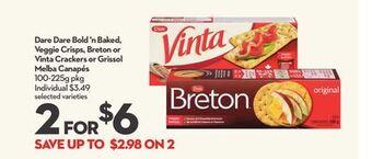 Longo's Dare bold 'n baked, veggie crisps, breton or vinta crackers or grissol melba canapés offer