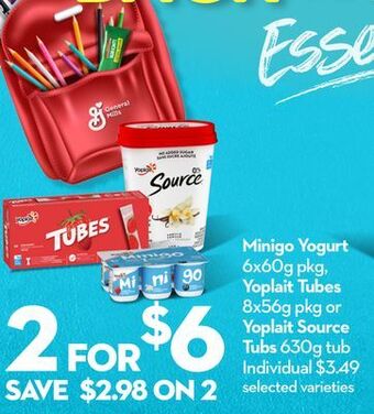 Longo's Minigo yogurt 6x60g pkg, yoplait tubes 8x56g pkg or yoplait source tubs 630g tub offer